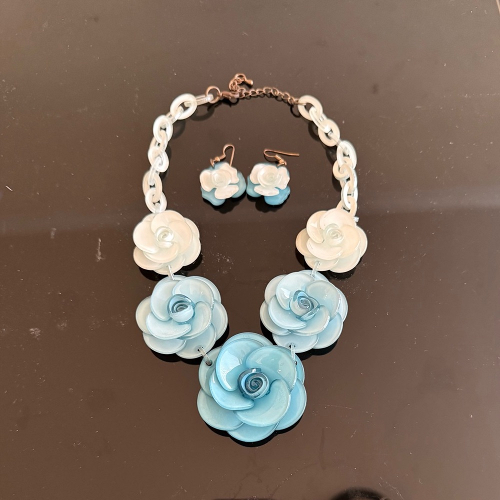 Elegant Blue and White Floral Necklace & Earring Set.Plastic glasslike material